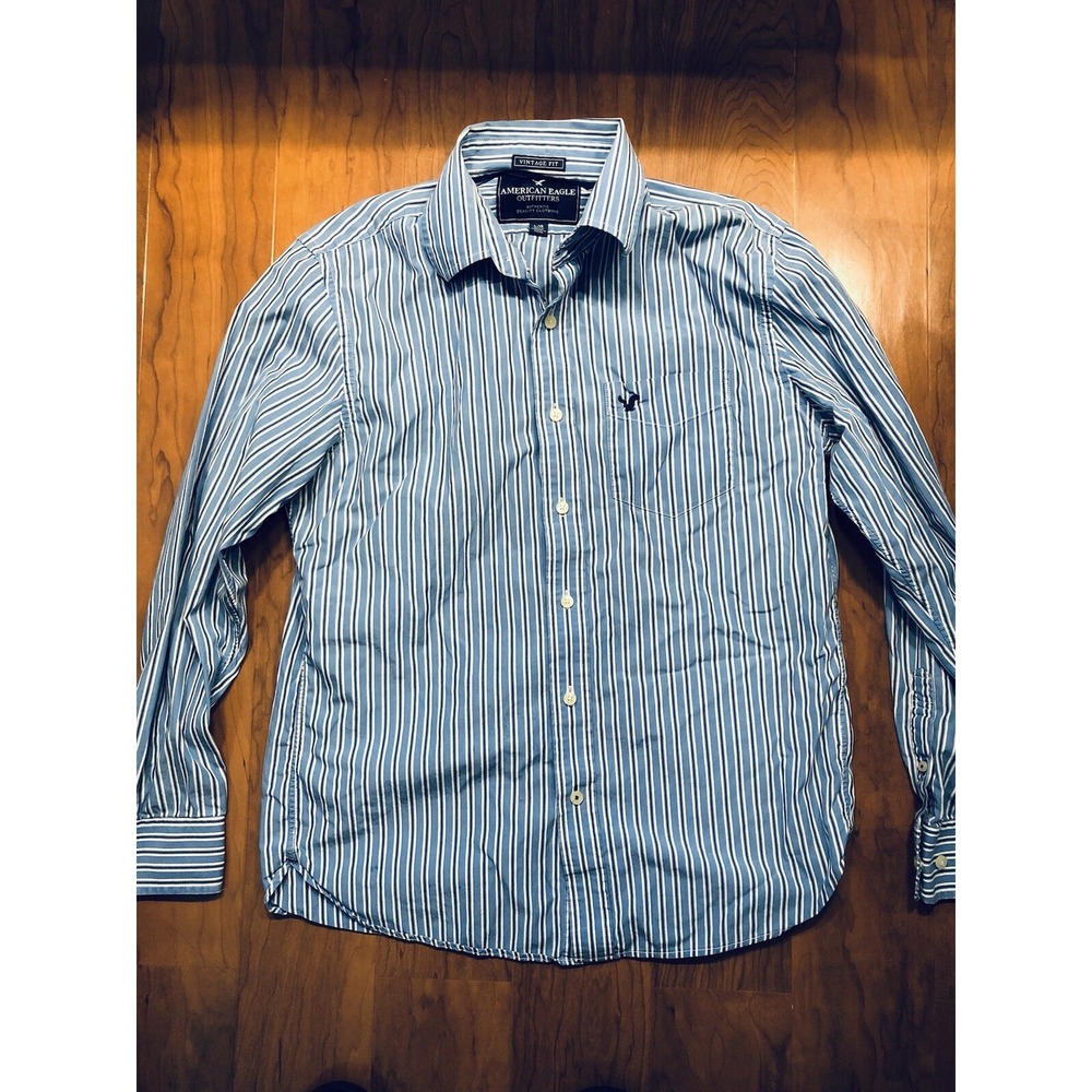 American Eagle Mens Large Blue White Striped Button Up Shirt Vintage Fit L/S